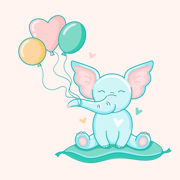 Vector vector illustration flat cute elephant with colored balloons on a soft pillow