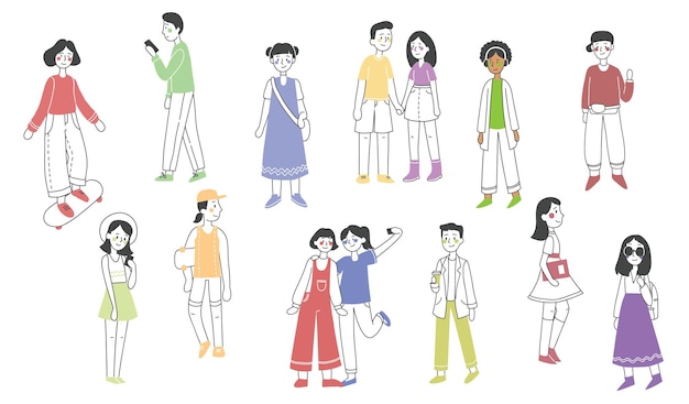 Vector illustration in flat design of group of people doing different activity in simple hand drawn style