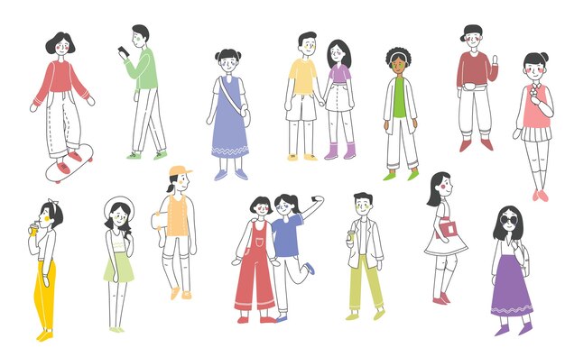 Vector vector illustration in flat design of group of people doing different activity