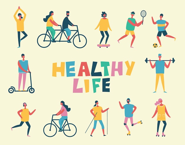 Vector vector illustration in flat design of group people doing different kinds of sport and activity