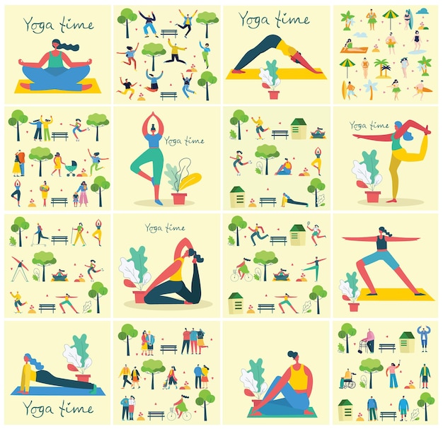 Vector illustration in flat design of group people doing different kinds of sport outside on the park in the flat simple style