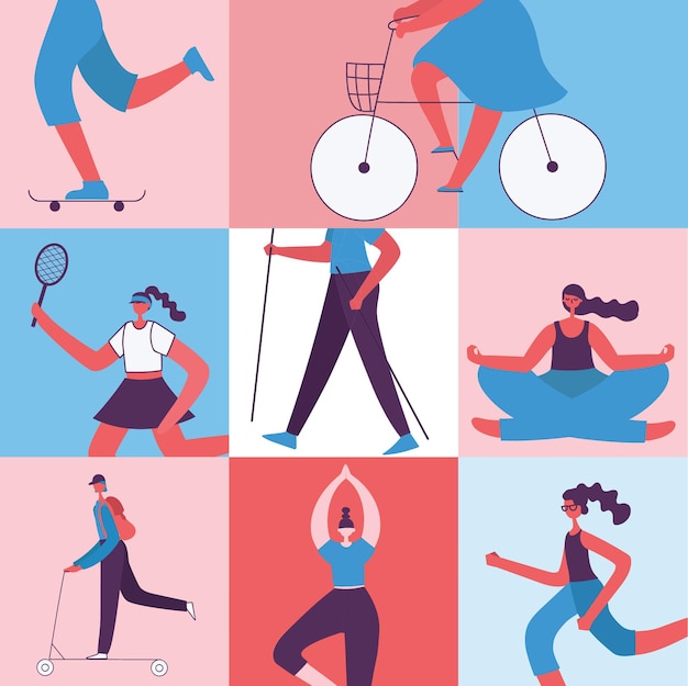 Vector vector illustration in flat design of group people doing different kinds of sport