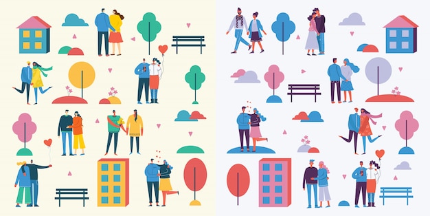 Векторные иллюстрации в плоский дизайн группы людей в любви, пары, сердца на открытом воздухе в парке. Открытка на день святого валентина в современном плоском дизайне