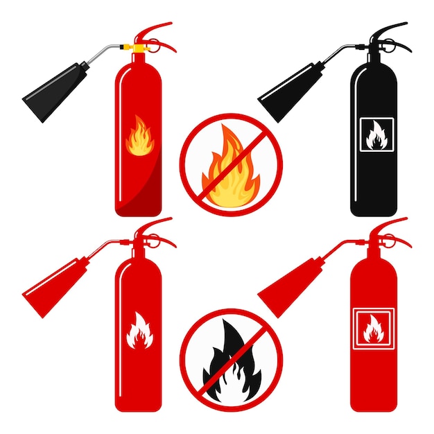 Vector vector illustration of flat design set red, black fire extinguisher with nozzle icon, fire and no fire sign, no open flame - colored and black isolated fire crossed out in circle in cartoon style.