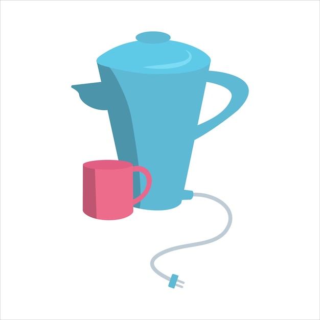 Векторная иллюстрация плоской кухонной утвари электрического чайника и розовой кружки