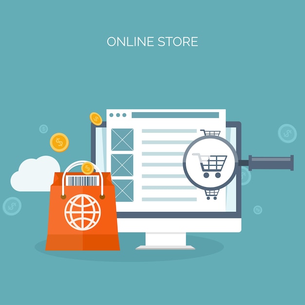 Vettore illustrazione vettoriale intestazione piatta negozio web di shopping comunicazione globale commercio e-business commercio