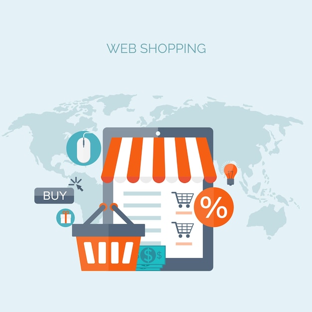 Векторная иллюстрация плоский заголовок покупки веб-магазин глобальная коммуникация торговля электронный бизнес торговля