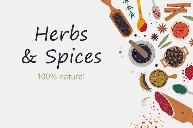 Vector illustration of flat herbs and spices banner or poster natural organic seasoning composition