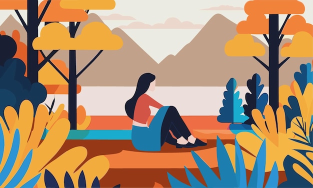 Vector illustration in flat linear style landscape illustration with couple in love walking in aut