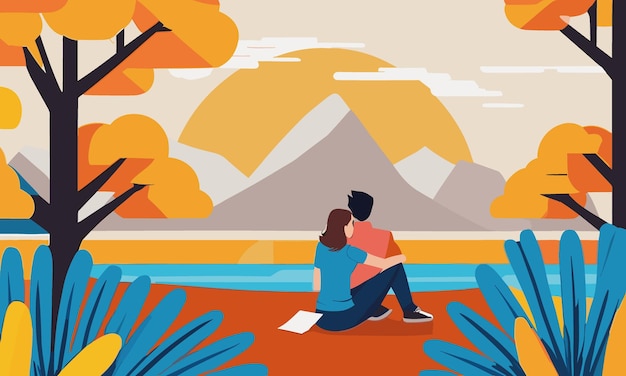 Vector vector illustration in flat linear style landscape illustration with couple in love walking in aut