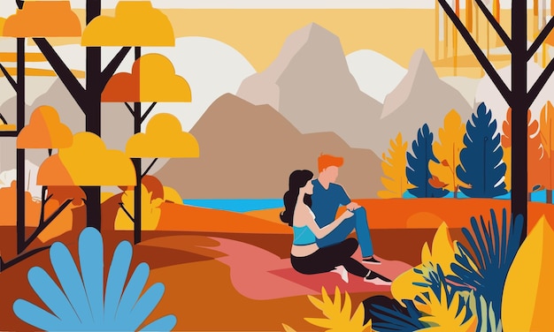 Vector illustration in flat linear style landscape illustration with couple in love walking in aut