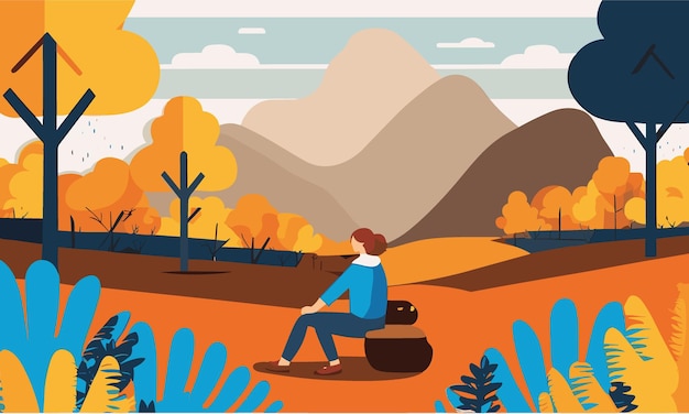 Vector vector illustration in flat linear style landscape illustration with couple in love walking in aut