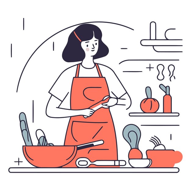 Vector vector illustration in flat linear style a woman in apron prepares food