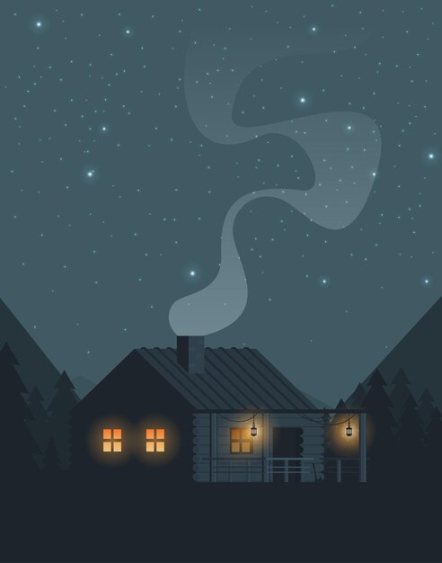 Vector vector illustration flat night forest with house