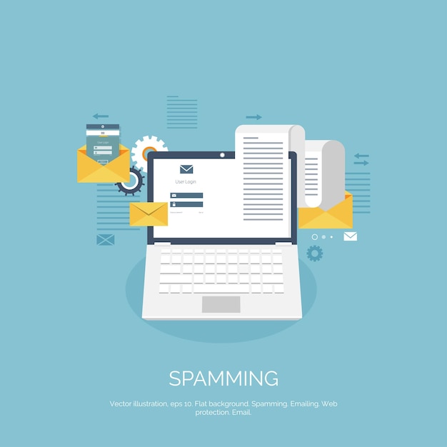 Vector illustration flat spamming background spam email global communication and social network