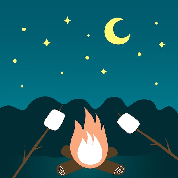 Vettore illustrazione vettoriale in stile piatto camping falò marshmallows delle stelle e della luna del cielo notturno