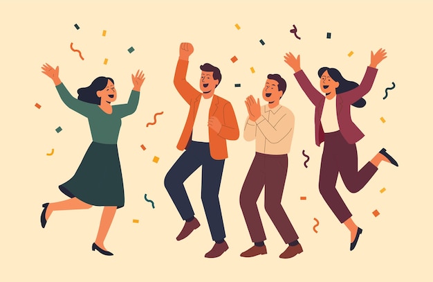 Vector illustration in flat style of a diverse group of people jumping for joy Business Team Succes