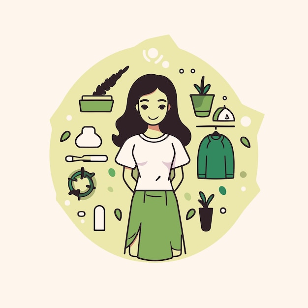 Vector vector illustration in flat style girl with long hair and plants