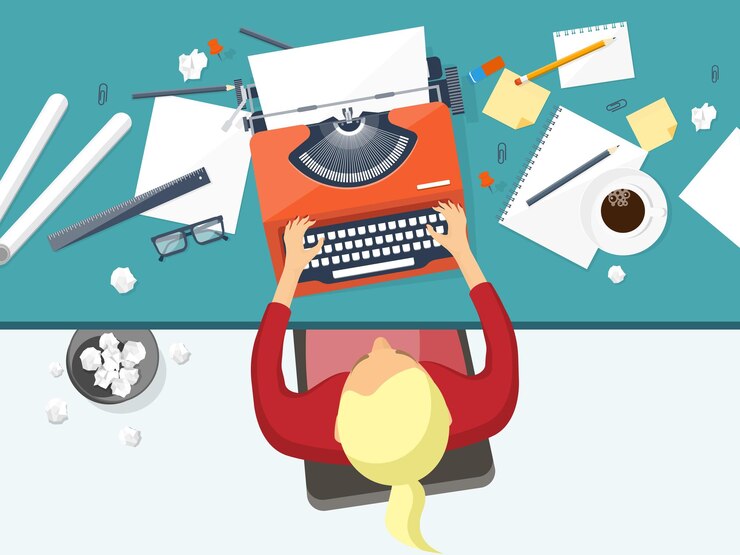 Vector vector illustration flat typewriter laptop tell your story author blogging