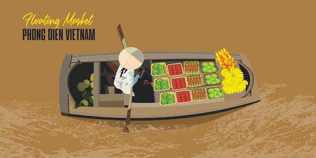 Vector vector illustration of floating market panorama in asian