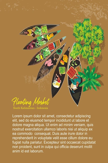 Vector illustration of floating market panorama in Asian