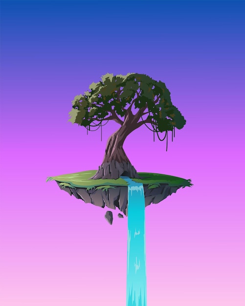 Vector vector illustration of floating tree with waterfall