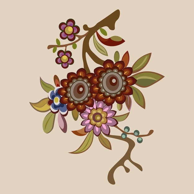 Vector illustration of floral branch with green leaves and pink and brown flowers