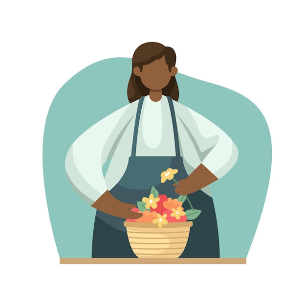 Vector vector illustration of a florist making up a bouquet profession flat style