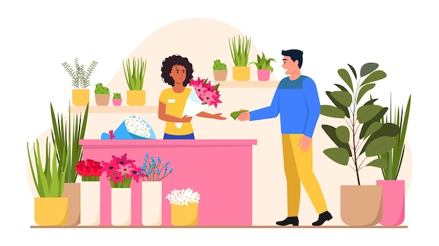화분에 꽃과 식물이 있는 꽃가게의 벡터 그림 흰색 배경에 고립된 꽃가게에서 사랑하는 사람을 위해 아름다운 꽃다발을 사는 남자와 함께 있는 만화 장면