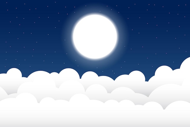 Vector illustration fluffy clouds night scene with moon and stars