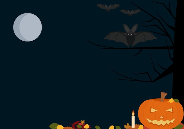 Vettore illustrazione vettoriale di uno sfondo volantino per la festa di halloween con zucche, pipistrelli e la luna