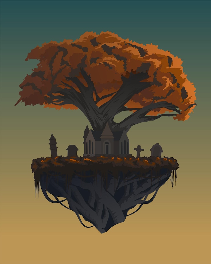 Vector vector illustration of flying big tree with cemetary