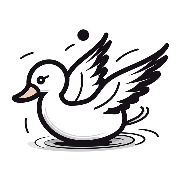 Vector illustration of a flying duck in the water on a white background