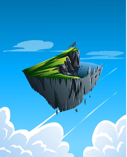 Vector Illustration of Flying Island with Girl Standing on Top