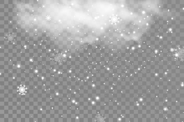 Vector illustration of flying snow on a transparent background.Natural phenomenon of snowfall or bli