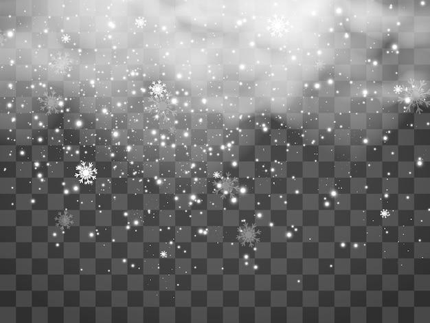 Vector illustration of flying snow on a transparent background.Natural phenomenon of snowfall