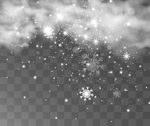 Векторная иллюстрация летающего снега на прозрачном фоне.