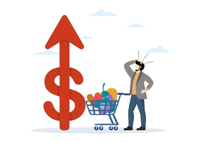 Vector illustration of food inflation with depressed businessman looking at rising inflation