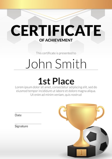 Vector a vector illustration of a football certificate template with a golden trophy