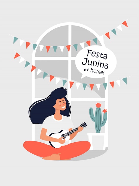 Векторная иллюстрация для festa junina с женщиной, играющей на гитаре дома.