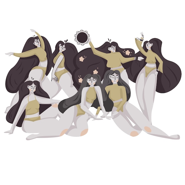 Вектор Векторная иллюстрация концепции сестринства танцующие девушки векторный набор
