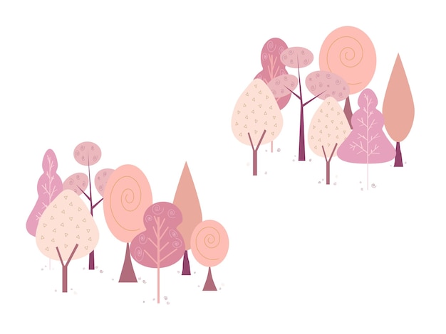 Vector illustration of a forest with trees and bushes in pink color