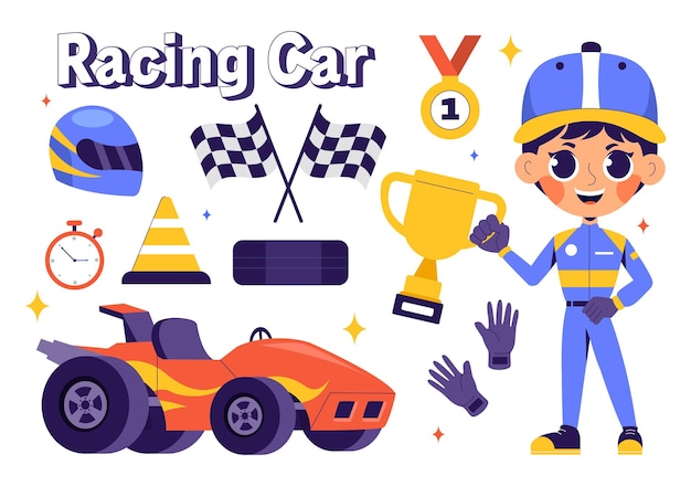 vector illustration of formula racing sports car reaching the finish line on race circuit competing to win the championship in a flat background