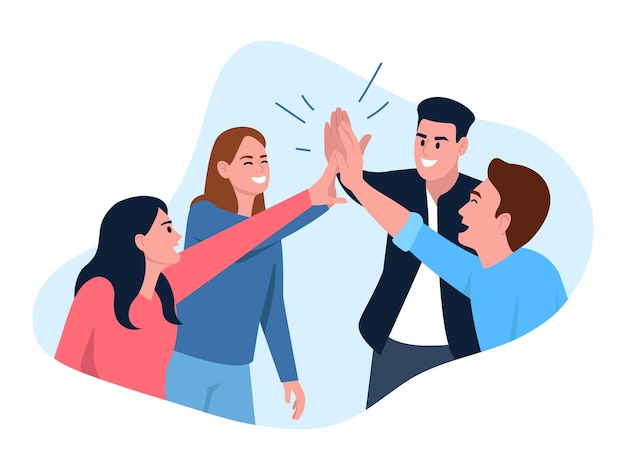 Vector illustration of friends giving a high five Cartoon scene with a smiling team of boys and girls giving high fives isolated on white background A team of friends