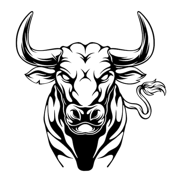 ベクトル イラスト 獲物を追いかける長い角を持つ雄牛の正面図 黒と白のデザイン