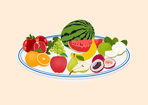 Vector illustration of fruit plate such as watermelon apple pear banana guava orange