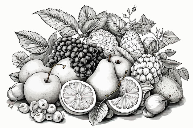 Vector vector illustration of fruits and berries set still life of banana pineapple pear strawberry ch