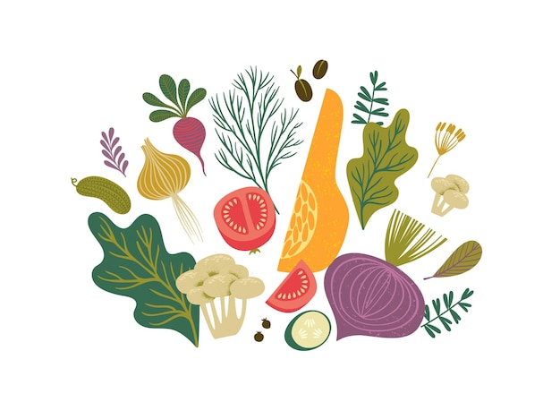 Illustrazione vettoriale di frutta e verdura cibo sano design isolato