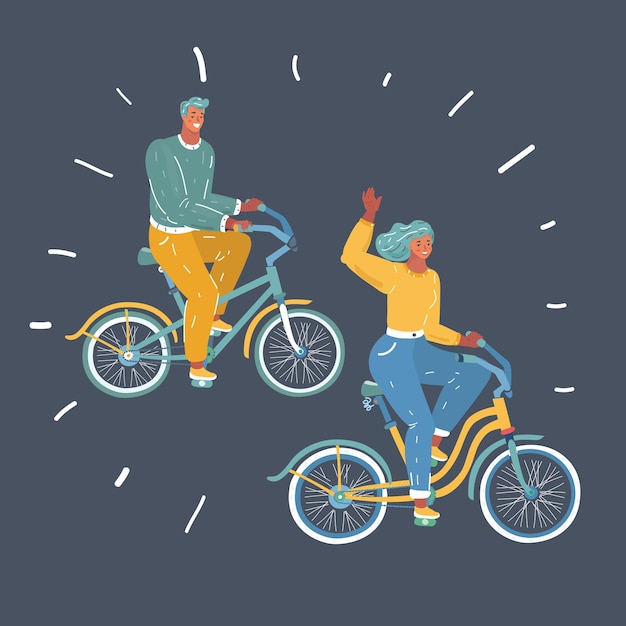 Vector illustration of Full length of couple with their bicycles on dark background