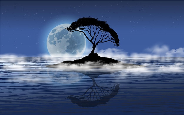 Vettore illustrazione vettoriale della luna piena sopra il fiume nebbioso e il riflesso dell'albero nell'acqua del fiume